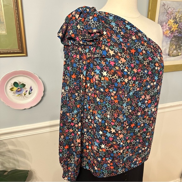 J Crew One-Shoulder Star Print Blouse Size 10 Colorful Party Maximalism - Picture 4 of 10